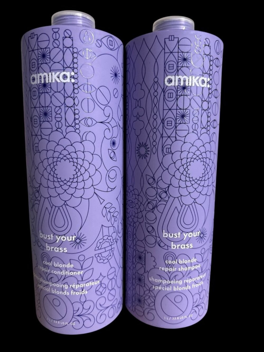 Amika Bust Your Brass Cool Blonde Repair Shampoo & Conditioner Set – 1L Each New